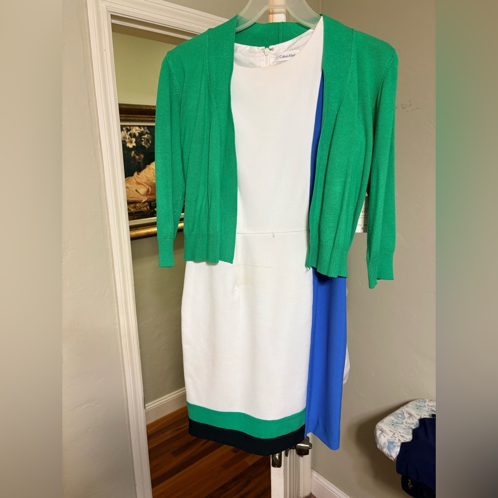 Cielo Emerald Knitwear (M) and Calvin Klein White Dress with Blue Accent